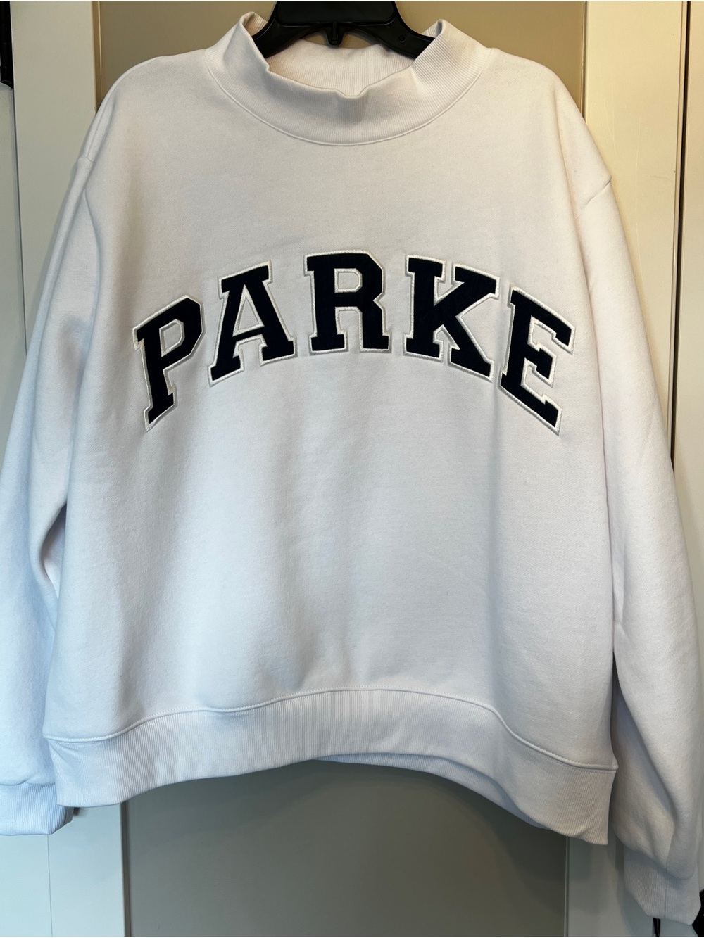 White PARKE OG Varsity Mockneck-White+Denim. New without tags. Size Large/XL